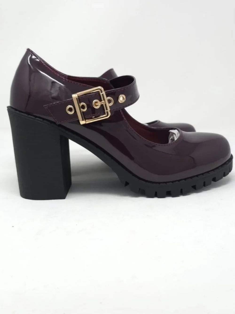 Burgundy Patent Faux Leather Mary Jane Platform Chunky Heel Lug Sole Trendy